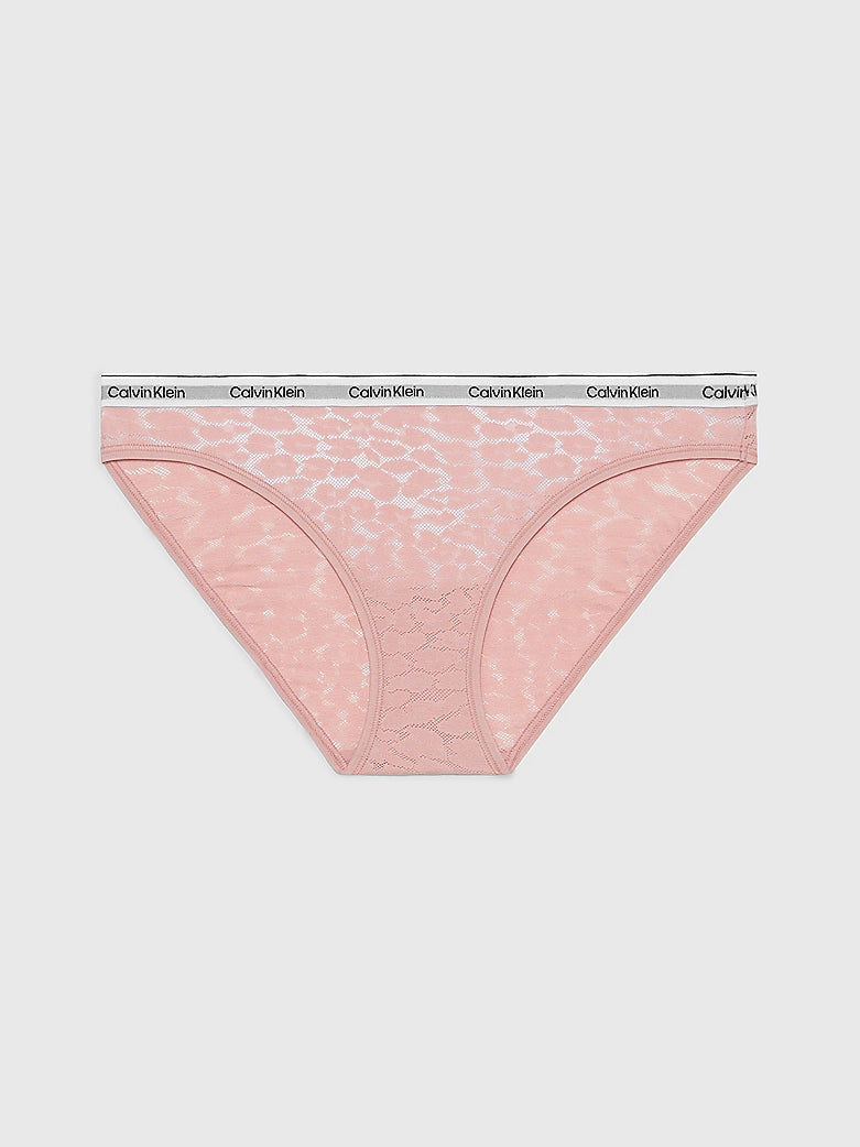 Calvin Klein LACE BIKINI Womens Bried Subdued front view with semi-sheer leopard lace and CK signature elastic waistband.