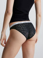 Calvin Klein LACE BIKINI Womens Bried Black, back view showcasing semi-sheer leopard lace and CK signature elastic waistband.