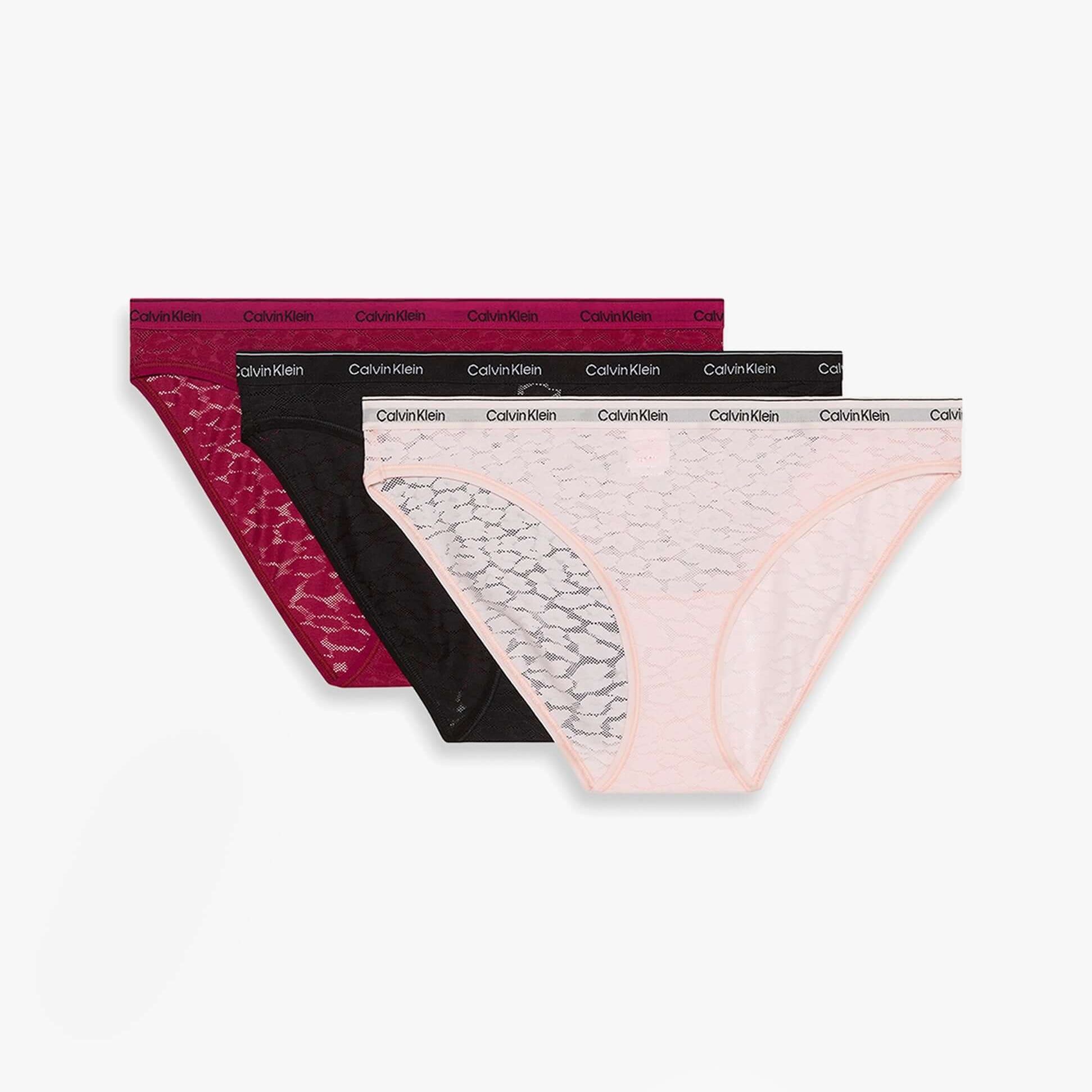 Calvin Klein BIKINI 3 PACK Womens Bikini Multicoloured side view showing three bikinis in black, pink, and burgundy with lace detail.