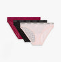 Calvin Klein BIKINI 3 PACK Womens Bikini Multicoloured side view showing three bikinis in black, pink, and burgundy with lace detail.