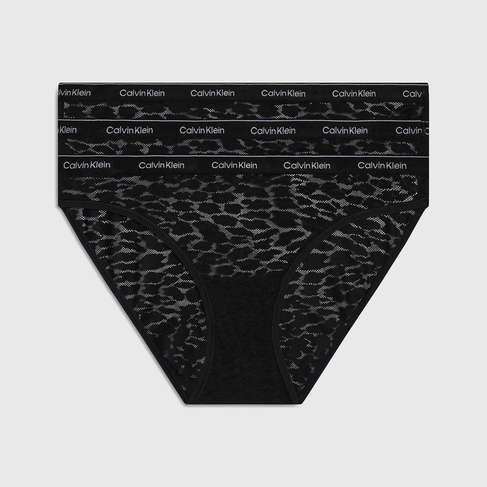 Calvin Klein LACE 3 Pack Bikini Womens Multicoloured front view showcasing black lace detail and elastic waistband.