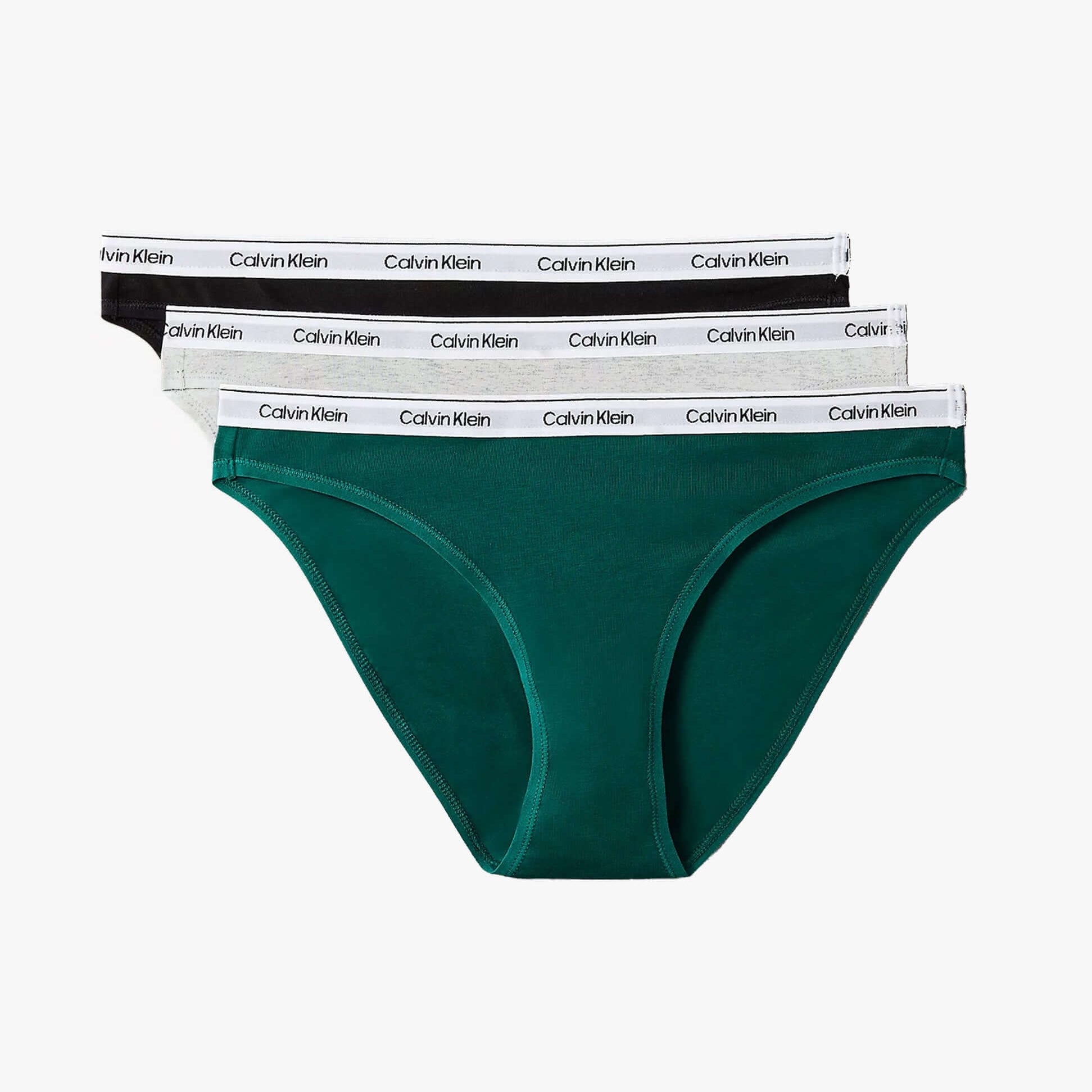 Calvin Klein Womens Icon Logo 3 Pack Bikini Briefs Multi in green and black, displayed from the front view with logo waistbands
