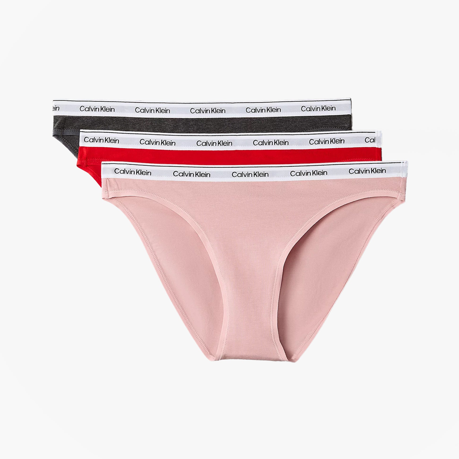 Calvin Klein 000QD5207E BIKINI 3 PACK Womens Briefs Multicoloured front view showing three styles in pink, red, and black.