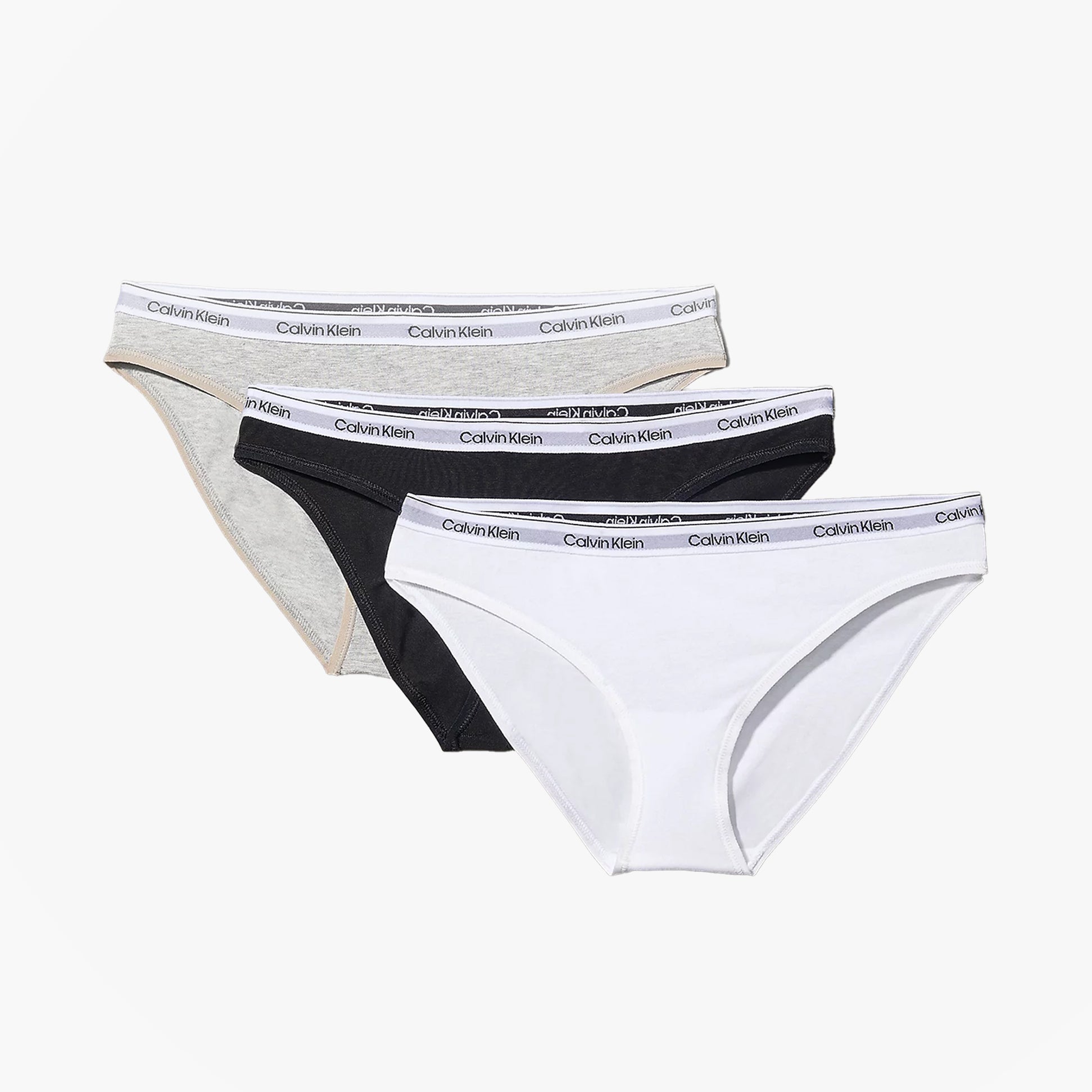 Calvin Klein LOW RISE 3 Pack Bikini Womens Multicoloured side view featuring black, white, and grey bikinis with elastic waistband.
