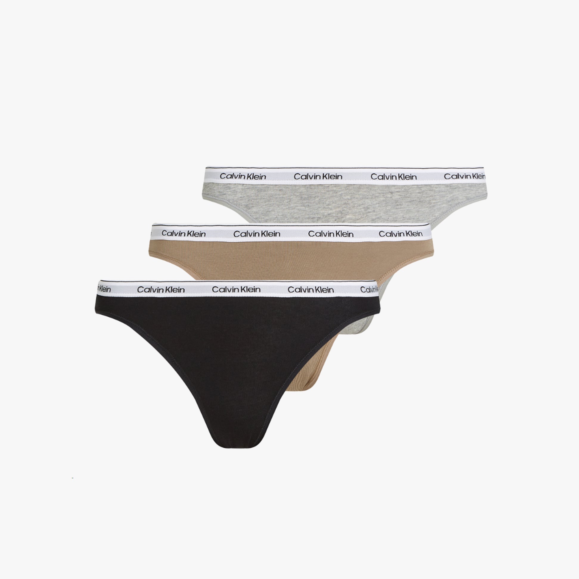 Calvin Klein MODERN LOGO Womens 3 Pack Low Rise Bikini Briefs Multicoloured displayed in side view with CK logo waistband.