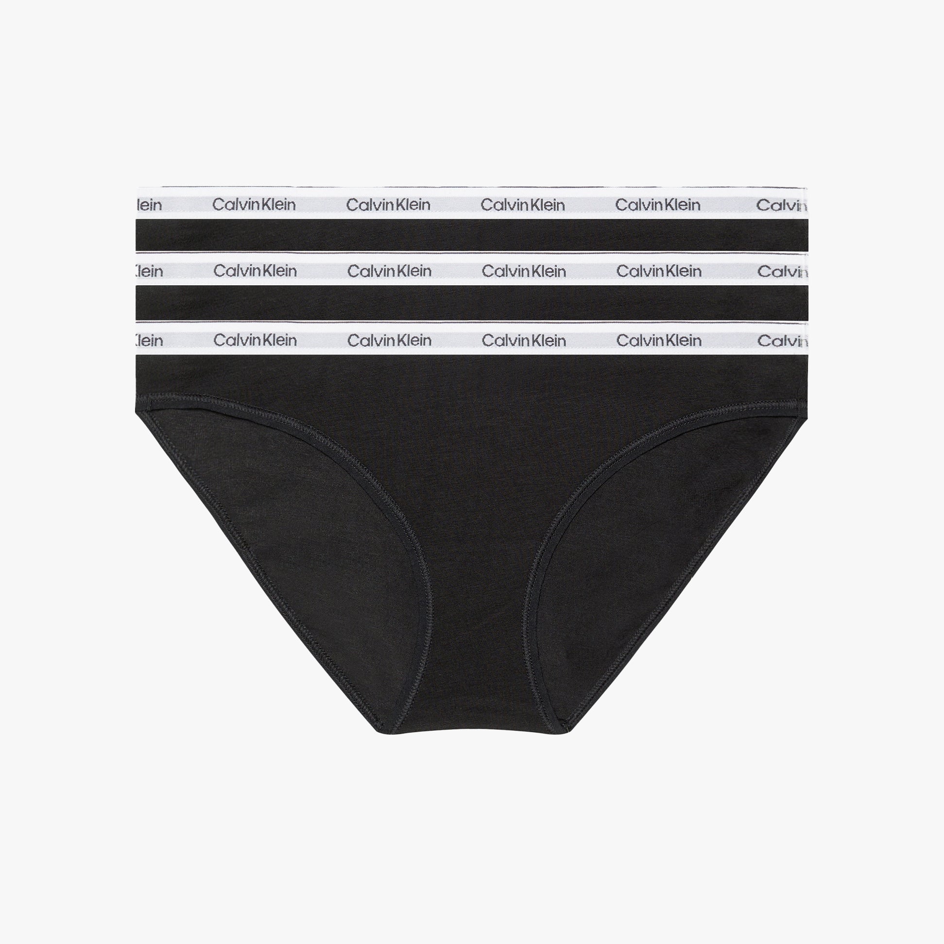Calvin Klein MODERN LOGO 3 Pack Bikini Womens Black front view showcasing flat edge leg finish and signature elastic waistband.
