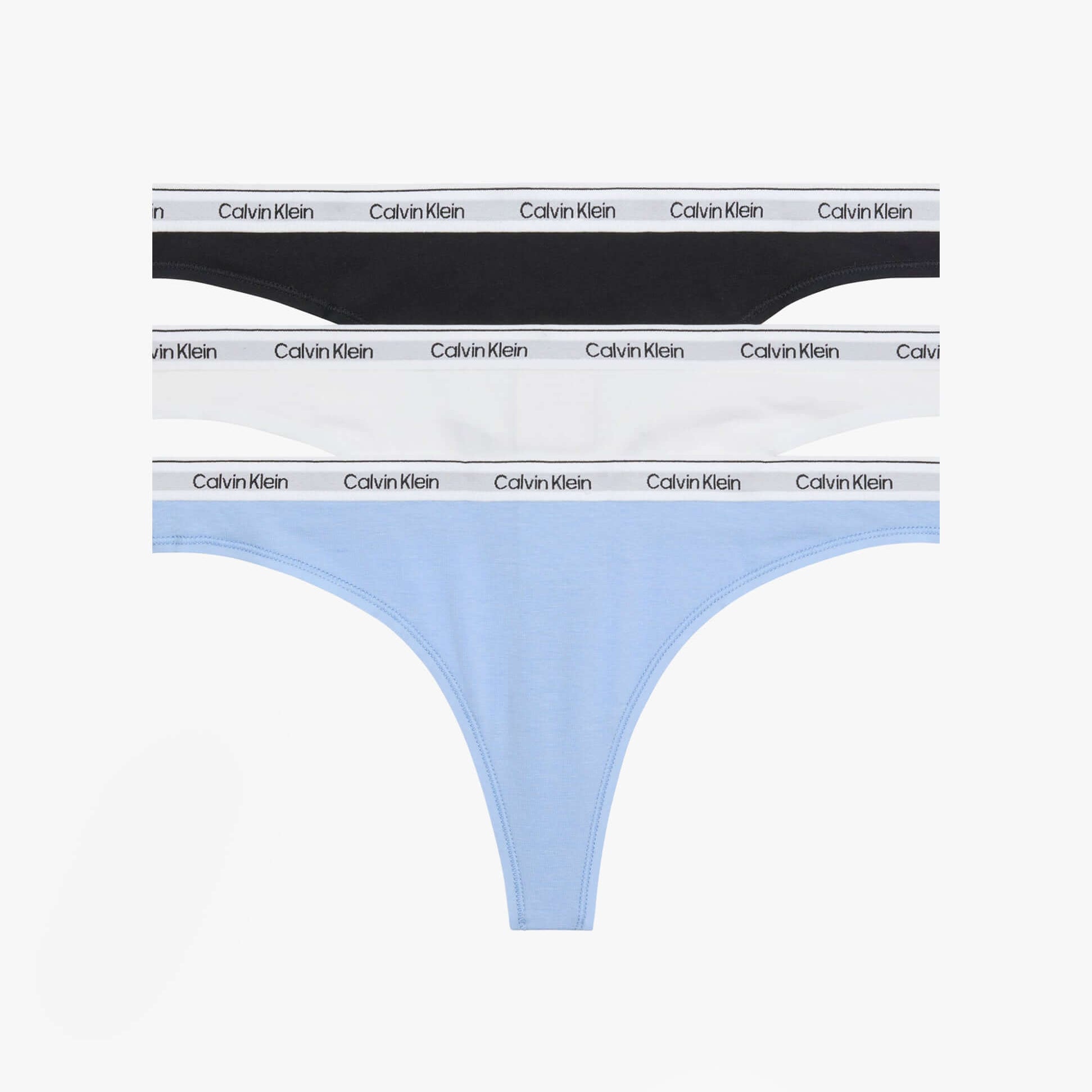 Calvin Klein Icon Cotton Modal Womens 3 Pack Thong Multi showing side view with blue, white, and black thongs.