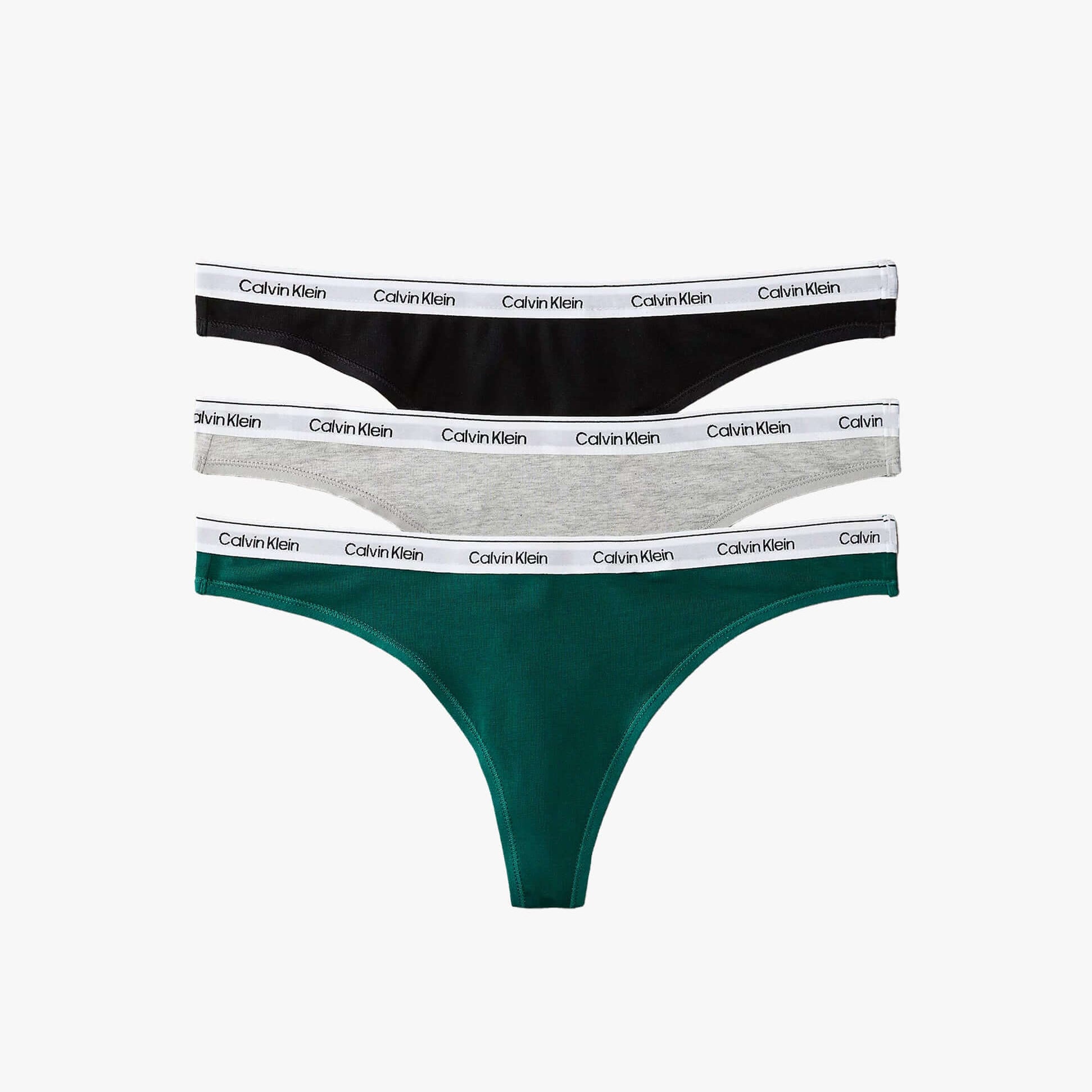 Calvin Klein Womens Icon Logo 3 Pack Thong Multi displaying black, grey, and green thongs with logo waistbands.