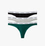 Calvin Klein Womens Icon Logo 3 Pack Thong Multi displaying black, grey, and green thongs with logo waistbands.