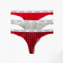 Calvin Klein Icon Logo Womens 3 Pack Thong Multi showing front view of red, gray, and red checkered thongs.