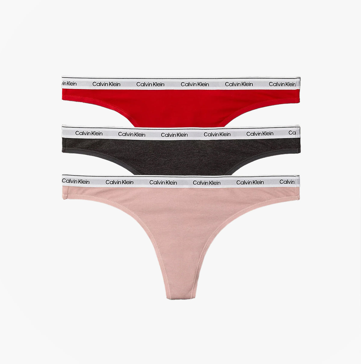 Calvin Klein THONG 3 PACK Womens Thong Multicoloured front view of three thongs in red, black, and pink with logo waistbands