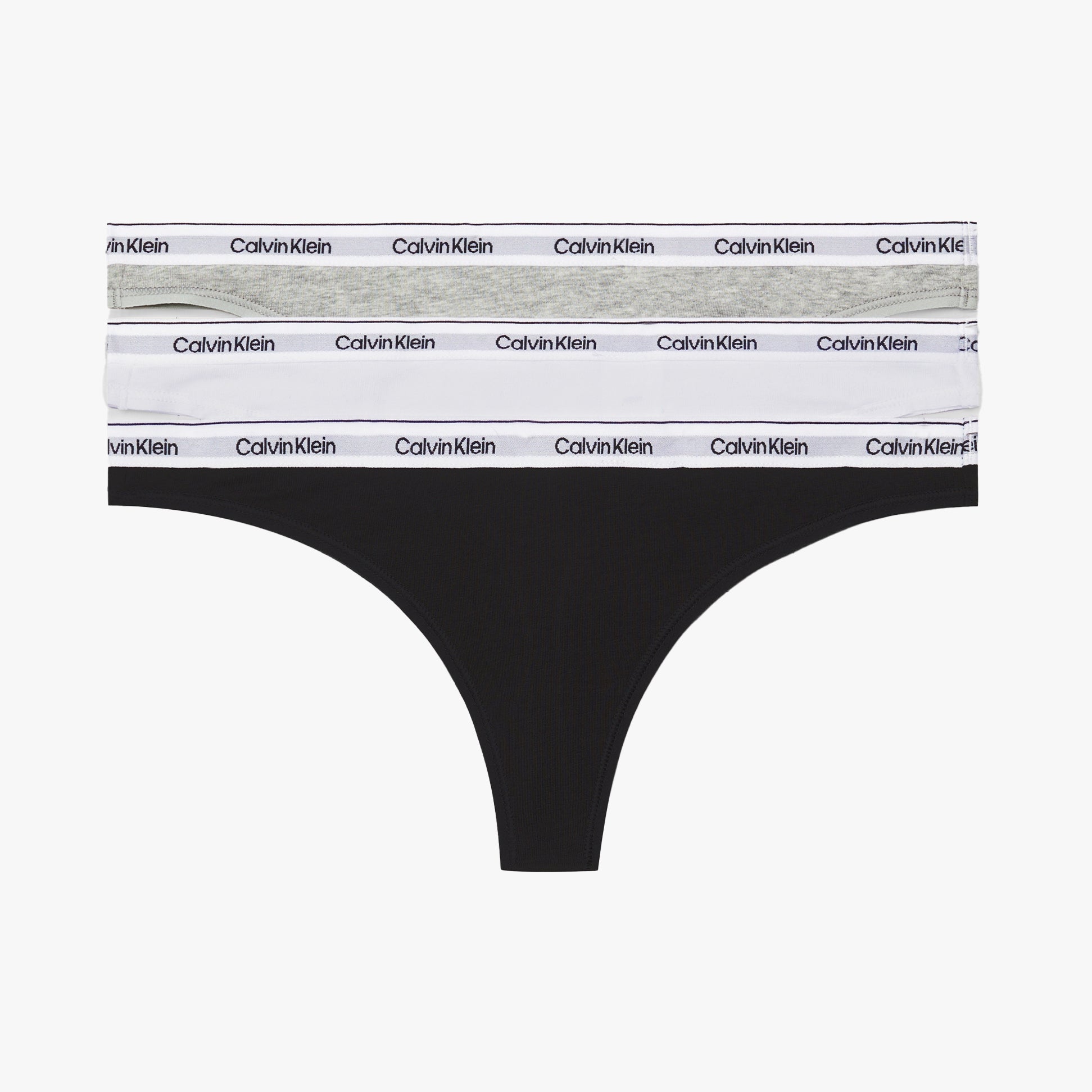 Calvin Klein MODERN LOGO 3 Pack Thongs Womens Multicoloured front view showing black, grey, and white thongs with logos
