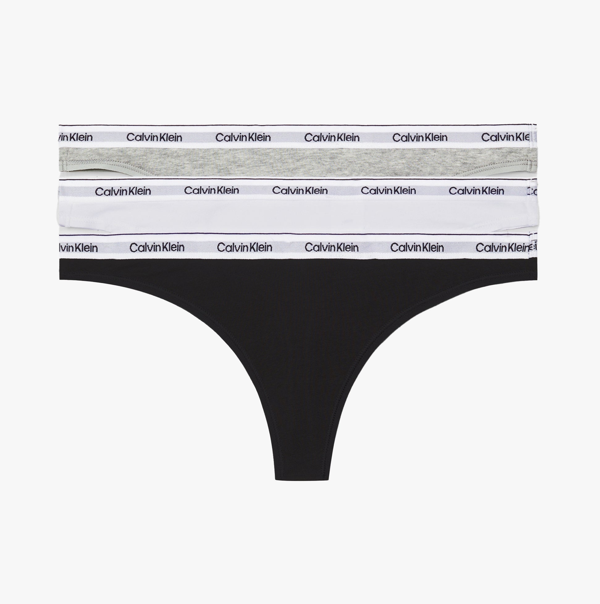 Calvin Klein MODERN LOGO 3 Pack Thongs Womens Multicoloured front view showing black, grey, and white thongs with logos