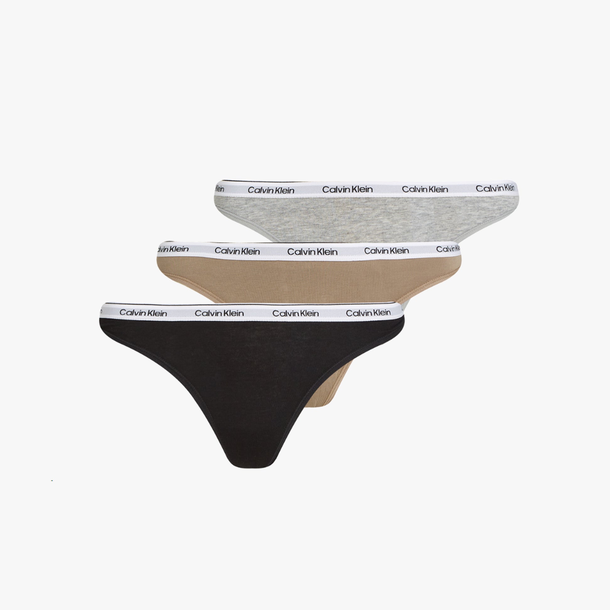 Calvin Klein MODERN LOGO Womens 3 Pack Thongs Multicoloured front view showcasing three thongs in black, nude, and grey.