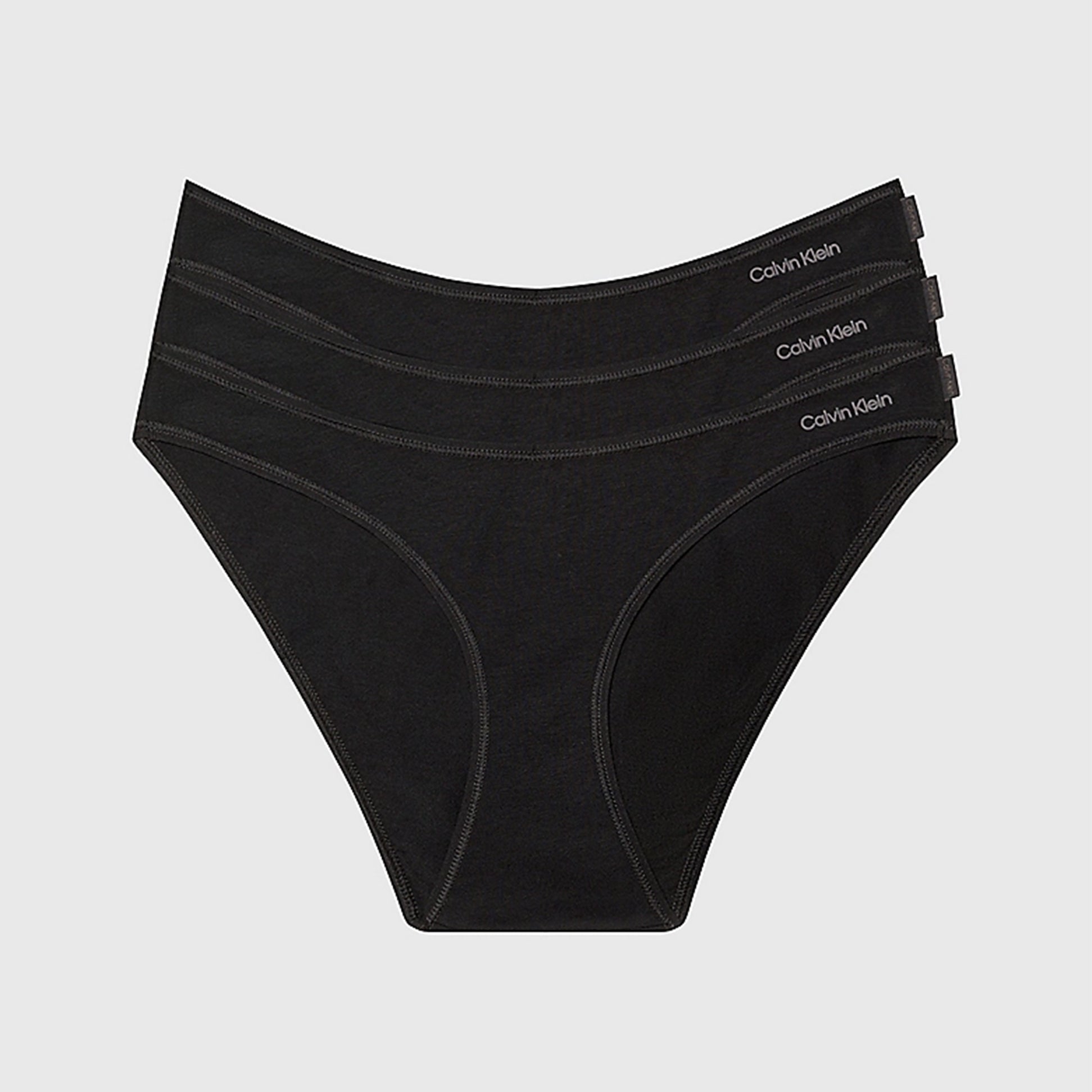 Calvin Klein IDEAL COTTON 3 Pack Womens Bikini Briefs Black front view displaying three bikini briefs with logo.