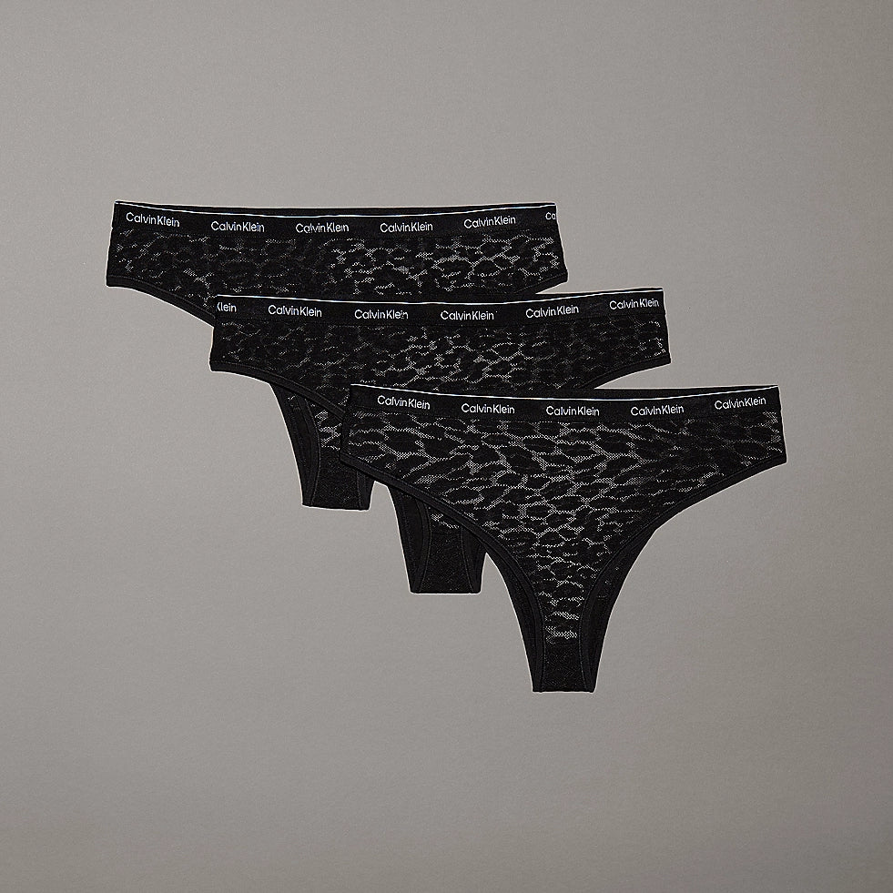 Calvin Klein BRAZILIAN LACE 3 Pack Womens Briefs Black, front view showcasing three pairs in semi-sheer leopard lace design.