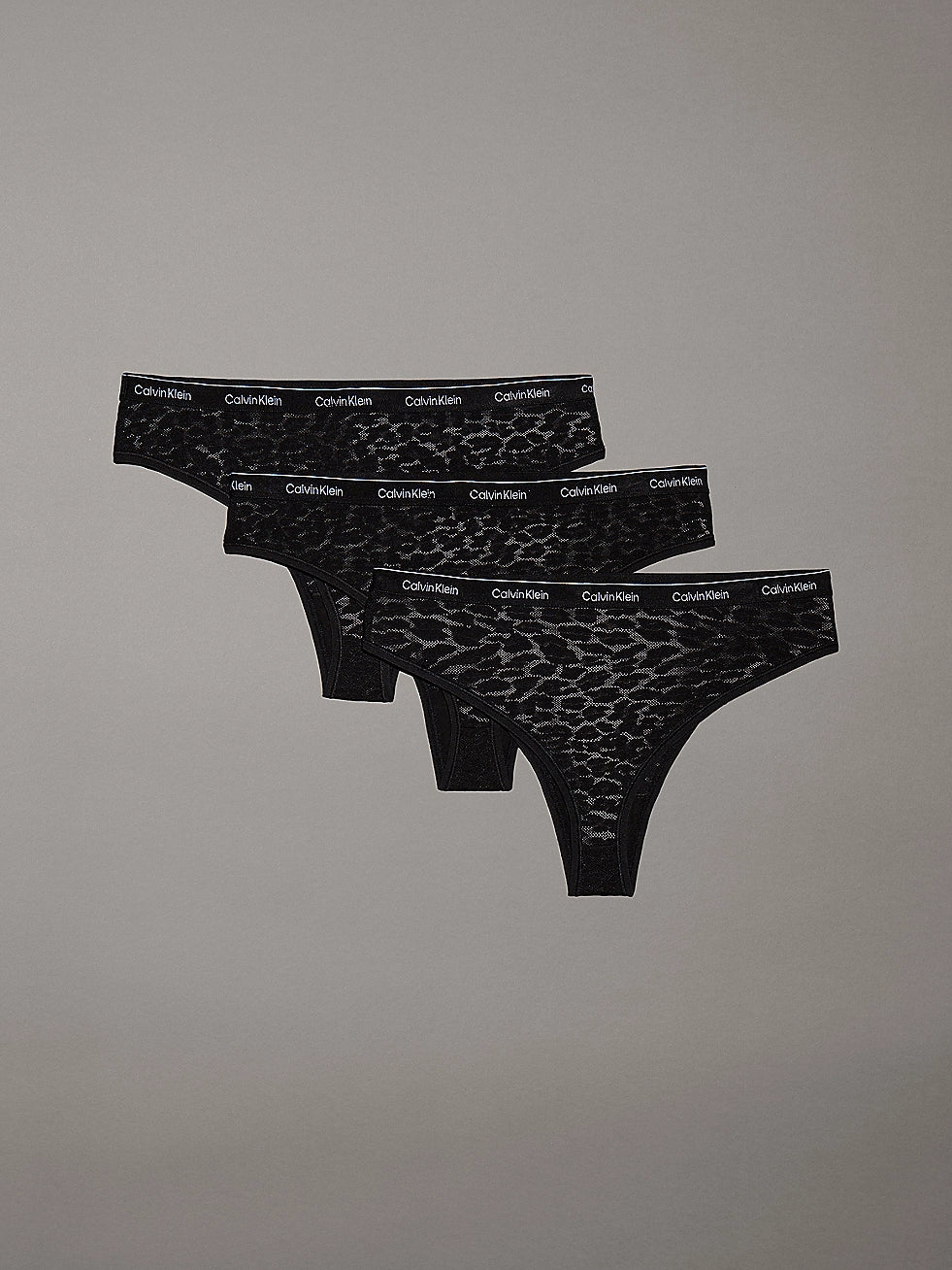 Calvin Klein BRAZILIAN LACE 3 Pack Womens Briefs Black, front view showcasing three pairs in semi-sheer leopard lace design.