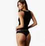 Calvin Klein BRAZILIAN LACE 3 Pack Womens Briefs Black side view of model wearing lace briefs.