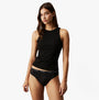 Calvin Klein BRAZILIAN LACE 3 Pack Womens Briefs Black side view on model, showcasing semi-sheer lace and elastic waistband.