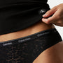 Calvin Klein BRAZILIAN LACE 3 Pack Womens Briefs Black side view showcasing semi-sheer lace and signature elasticated waistband.