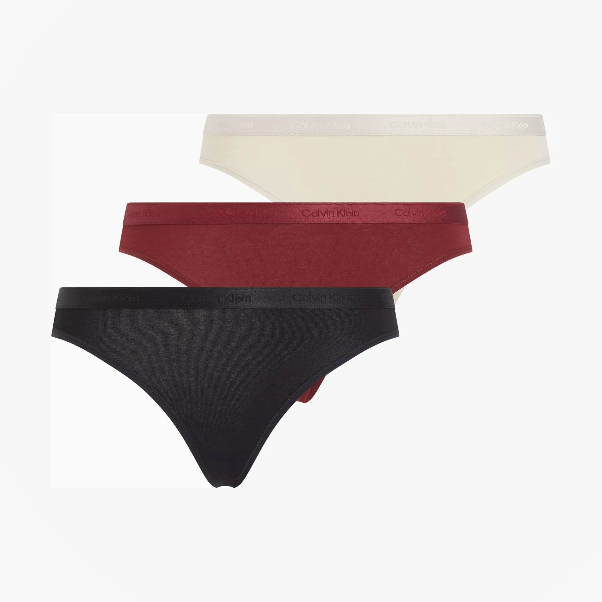 Calvin Klein MODERN LOGO HOLIDAY Womens 3 Pack Bikinis Multicoloured view of three bikinis in red, black, and cream colors.