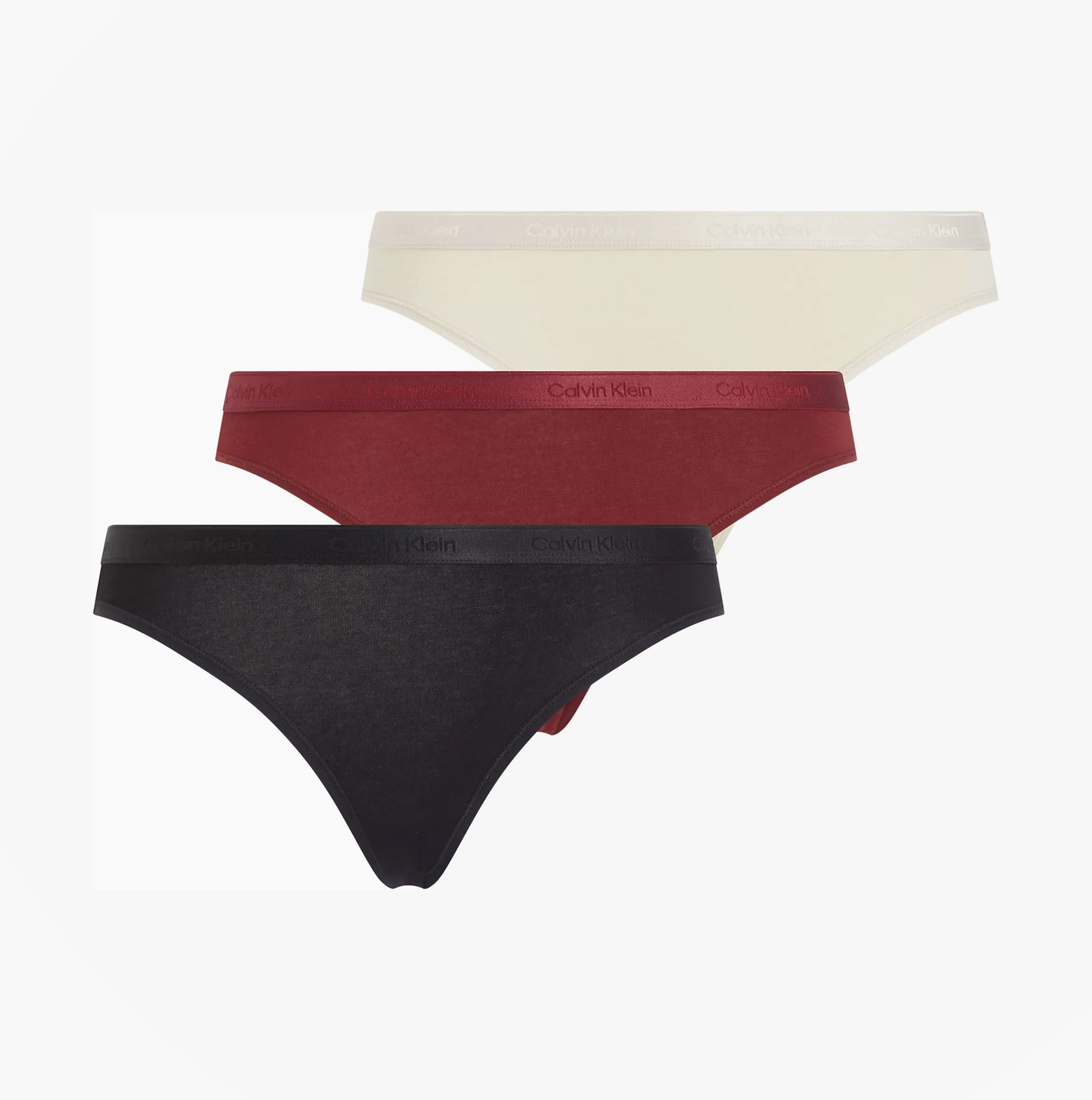 Calvin Klein MODERN LOGO HOLIDAY Womens 3 Pack Bikinis Multicoloured view of three bikinis in red, black, and cream colors.