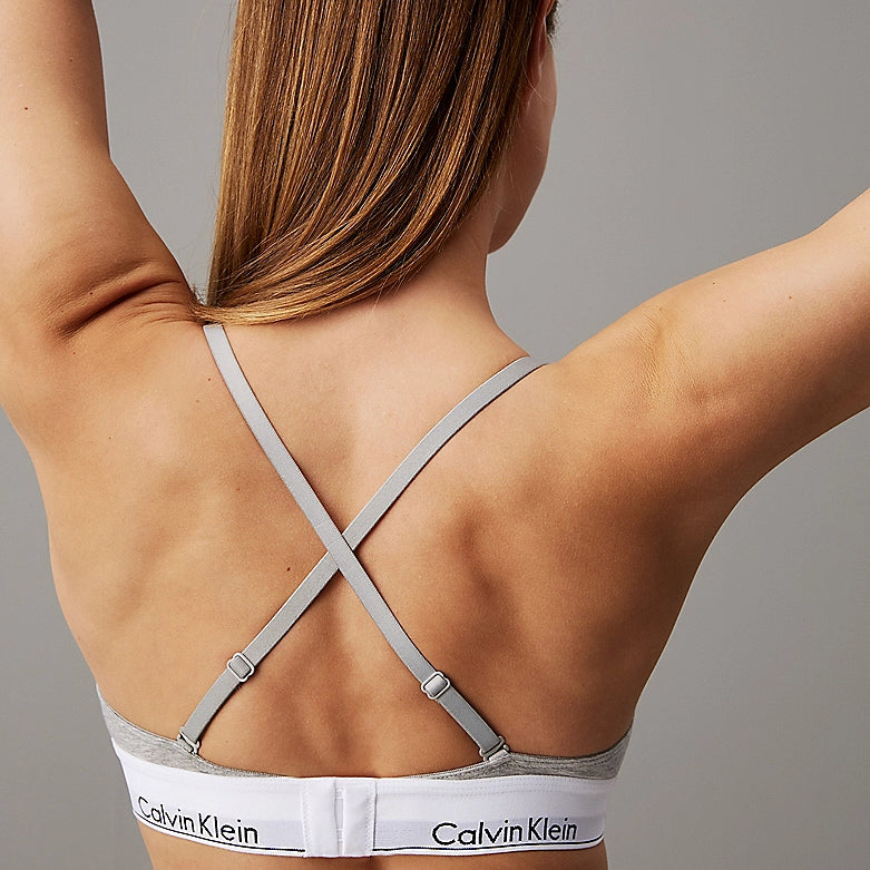 Calvin Klein MODERN COTTON Unlined Womens Triangle Bra Grey Heather back view showing crisscross straps and CK logo.