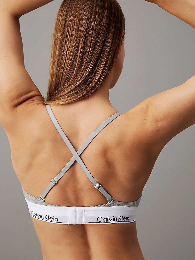 Calvin Klein MODERN COTTON Unlined Womens Triangle Bra Grey Heather back view showing crisscross straps and CK logo.