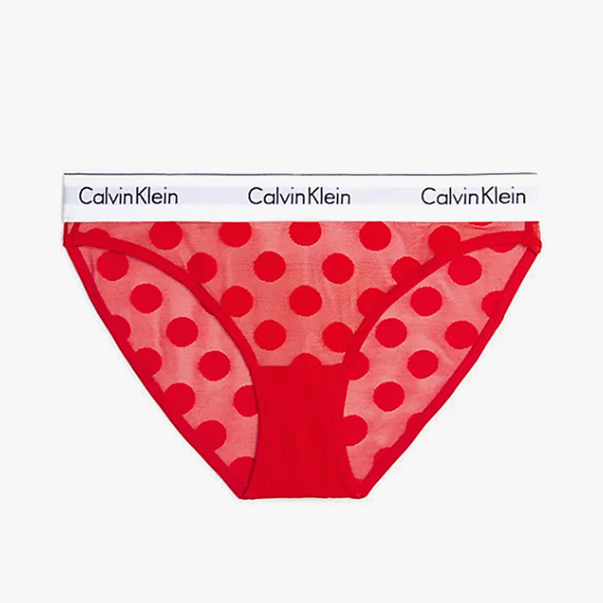 Calvin Klein BIKINI XAT Womens Bikini Rouge front view showcasing red fabric with large polka dots and signature waistband.