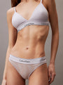 Calvin Klein MODERN LACE Lightly Lined Triangle Bra Womens Lavender Blue front view on model with matching underwear.