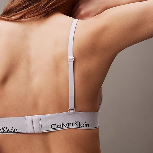 Calvin Klein MODERN LACE Lightly Lined Triangle Bra Womens Lavender Blue back view with adjustable straps and logo detailing.