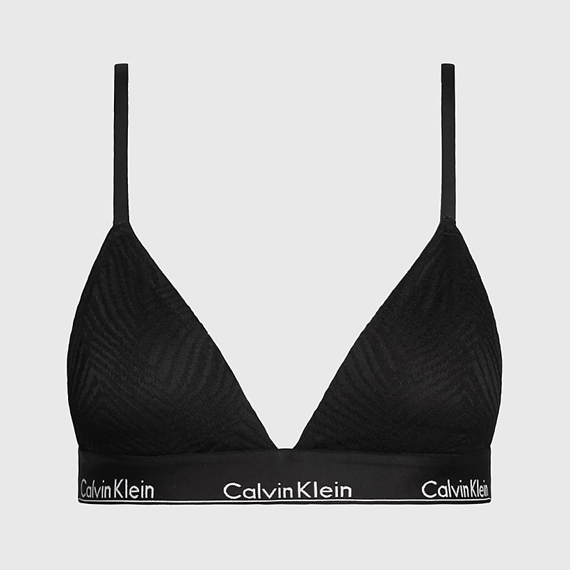 Calvin Klein MODERN LACE Lightly Lined Triangle Bra Womens Black front view showing geometric lace and adjustable straps.