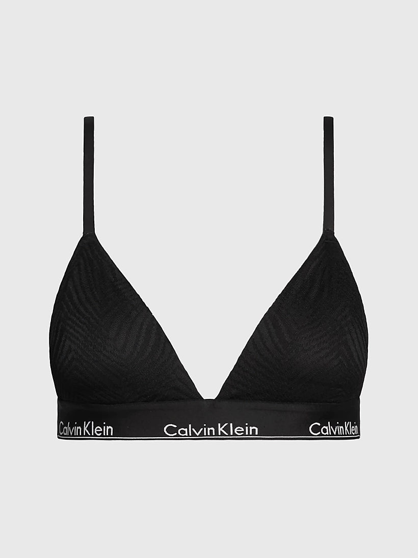 Calvin Klein MODERN LACE Lightly Lined Triangle Bra Womens Black front view showing geometric lace and adjustable straps.