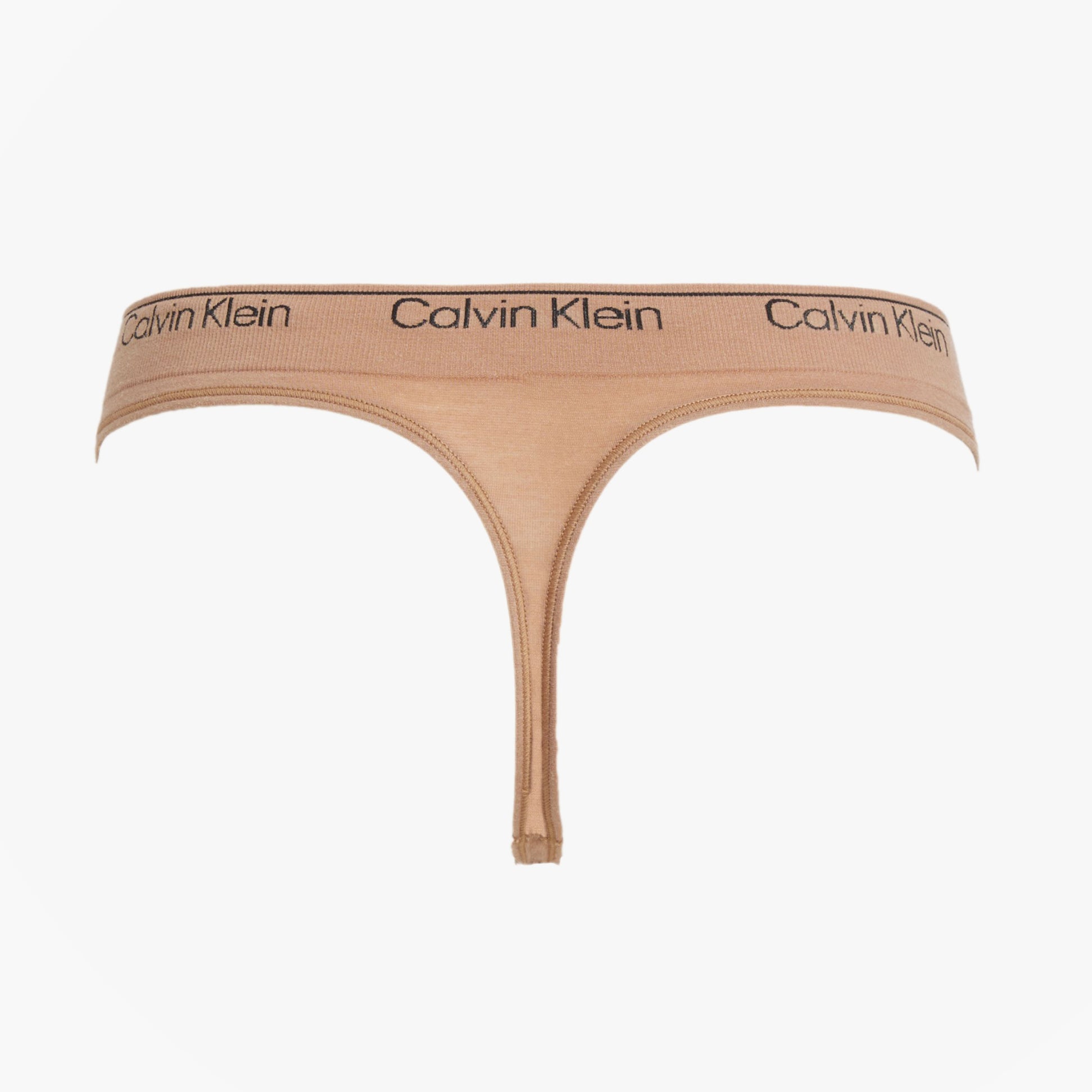 Calvin Klein Womens Thong Sandalwood front view showing the elasticated waistband and logo detail.