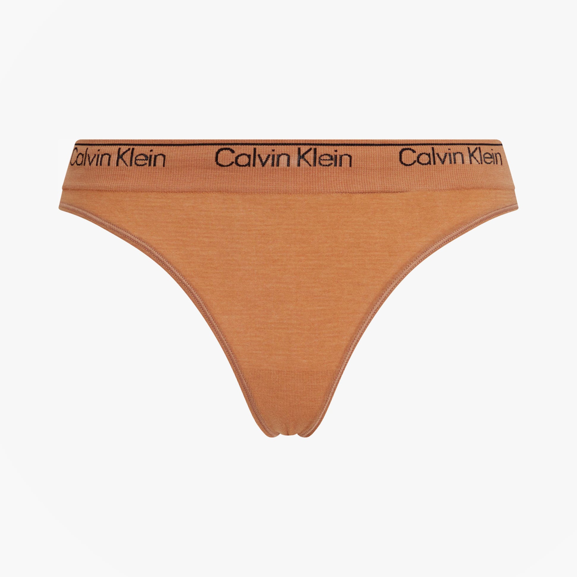 Calvin Klein Womens Thong Sandalwood front view showing the soft tone and elasticated waistband with Calvin Klein logo.