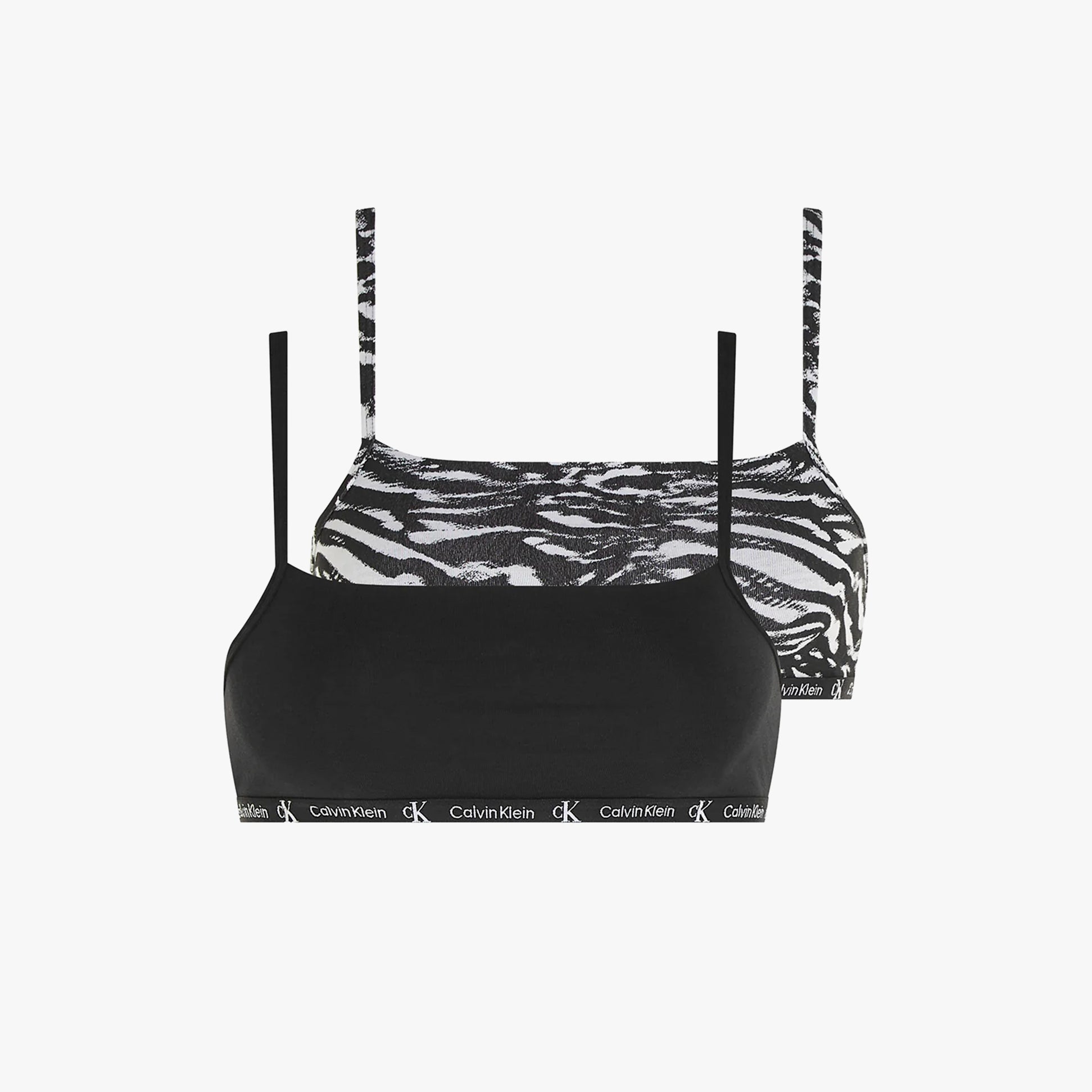 Calvin Klein 1996 COTTON 2 Pack Unlined Bralette Womens Black/Tiger Print detail view of bralettes.