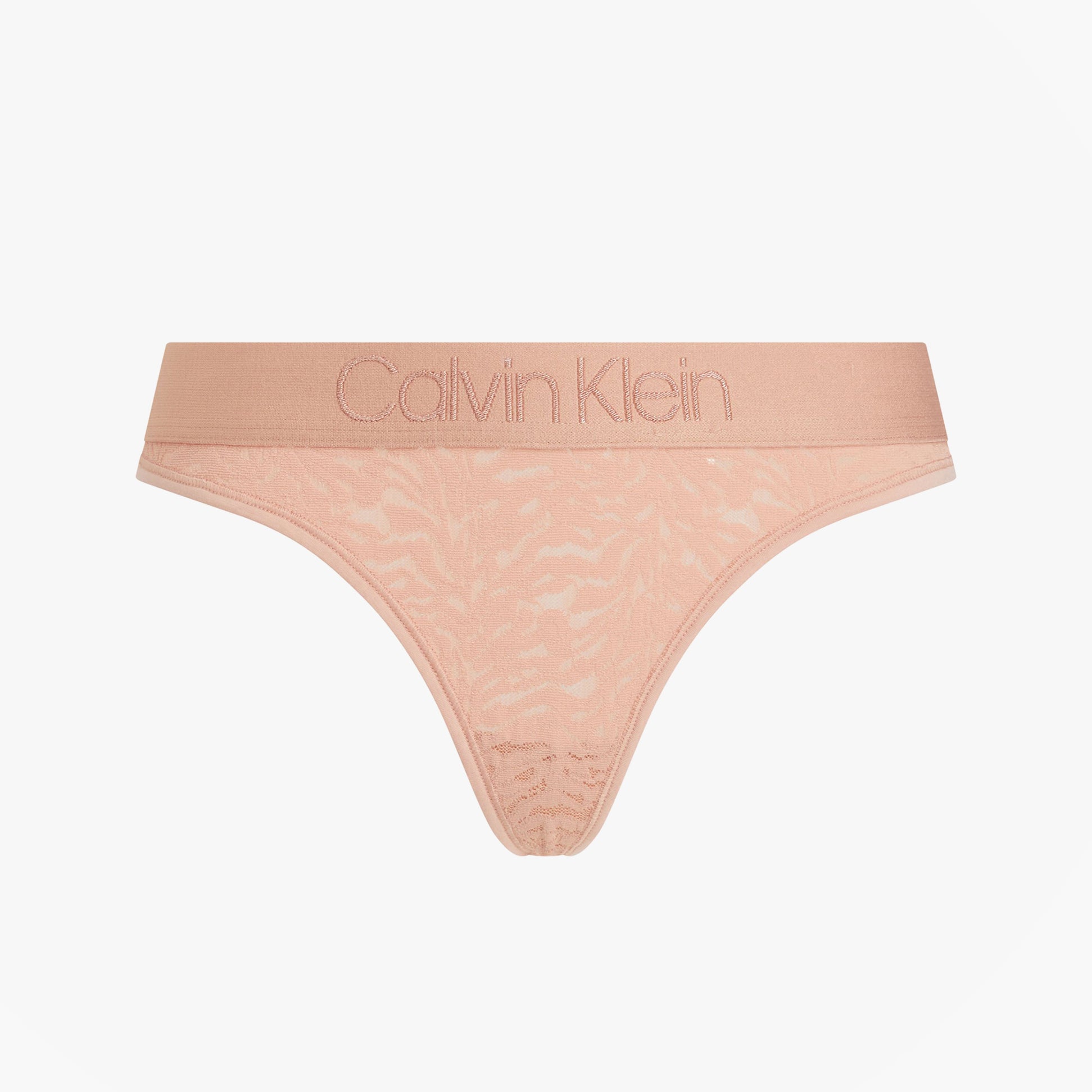 Calvin Klein THONG FSR Womens Thong Stone Grey front view showcasing signature waistband and lace detail.
