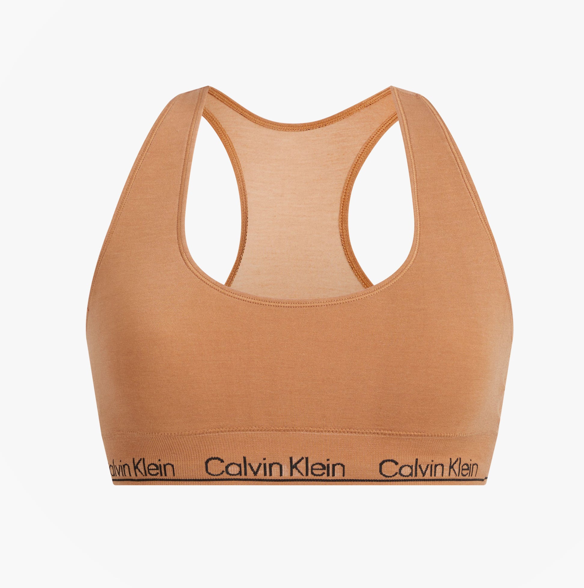 Calvin Klein Womens Bralette Sandalwood, front view, featuring soft fabric and logo band.