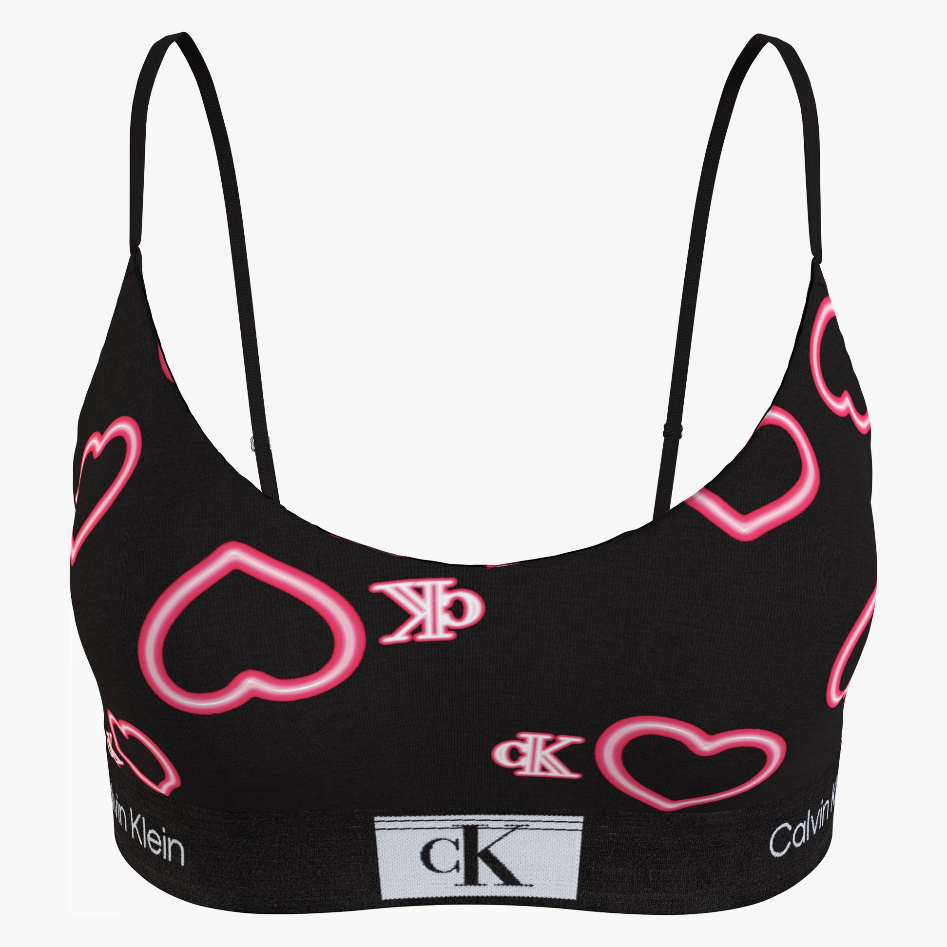 Calvin Klein UNLINED BRALETTE H1R Womens Bra Black front view showcasing heart patterns and signature underband.