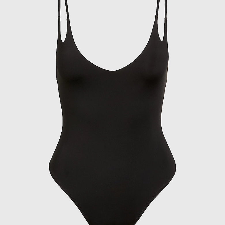 Calvin Klein INTENSE POWER Bodysuit Womens Black front view showcasing soft cups and adjustable straps.