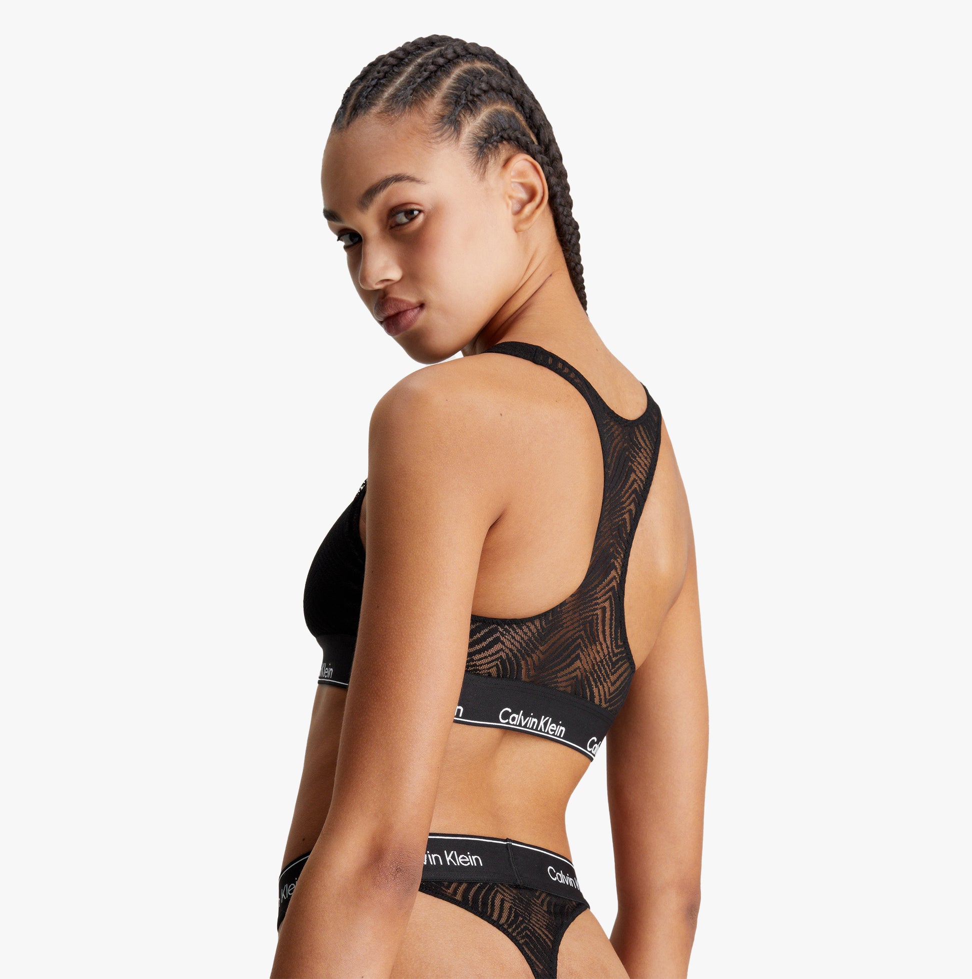 Calvin Klein LACE Unlined Bralette Womens Black back view showing racerback design and classic elastic underband.