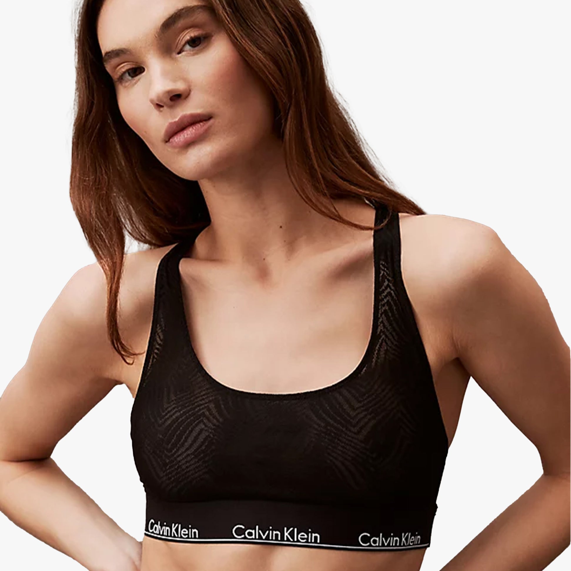 Calvin Klein LACE Unlined Bralette Womens Black front view featuring semi-sheer graphic lace and racerback design.