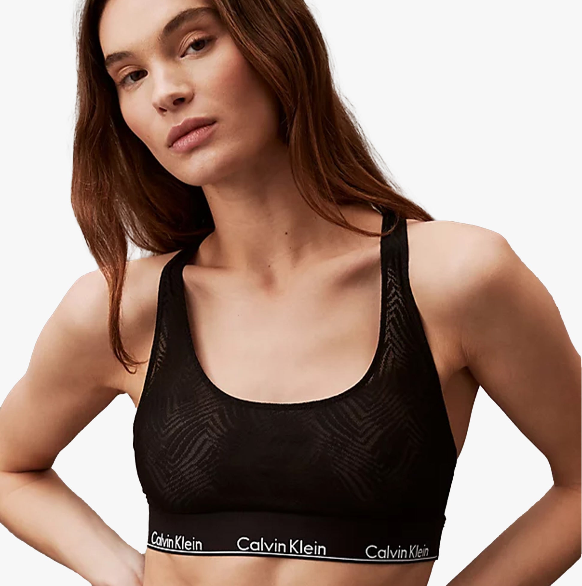 Calvin Klein LACE Unlined Bralette Womens Black front view featuring semi-sheer graphic lace and racerback design.
