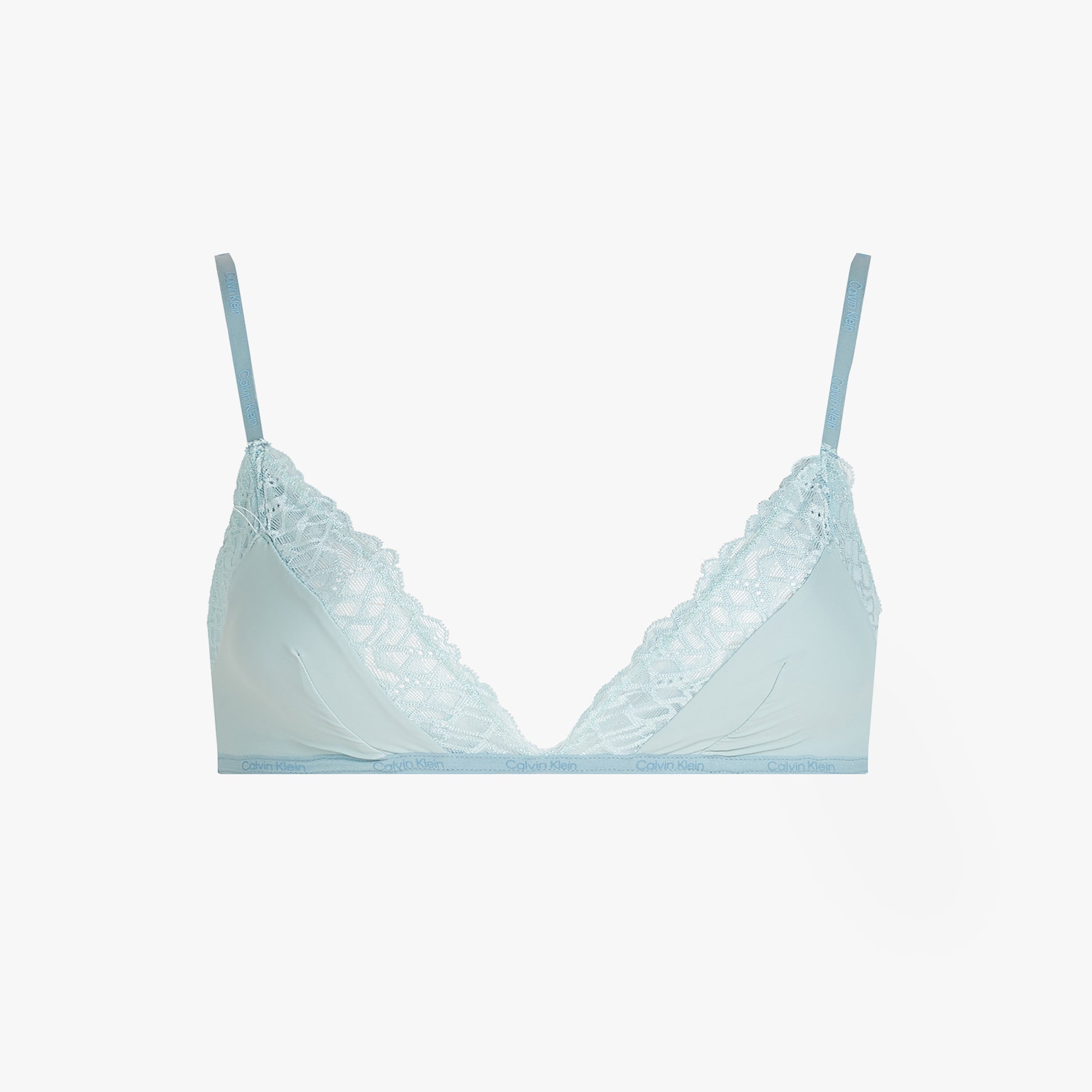 Calvin Klein SOFT STRETCH LACE Womens Triangle Bra Ether front view featuring soft triangle cups and adjustable straps.