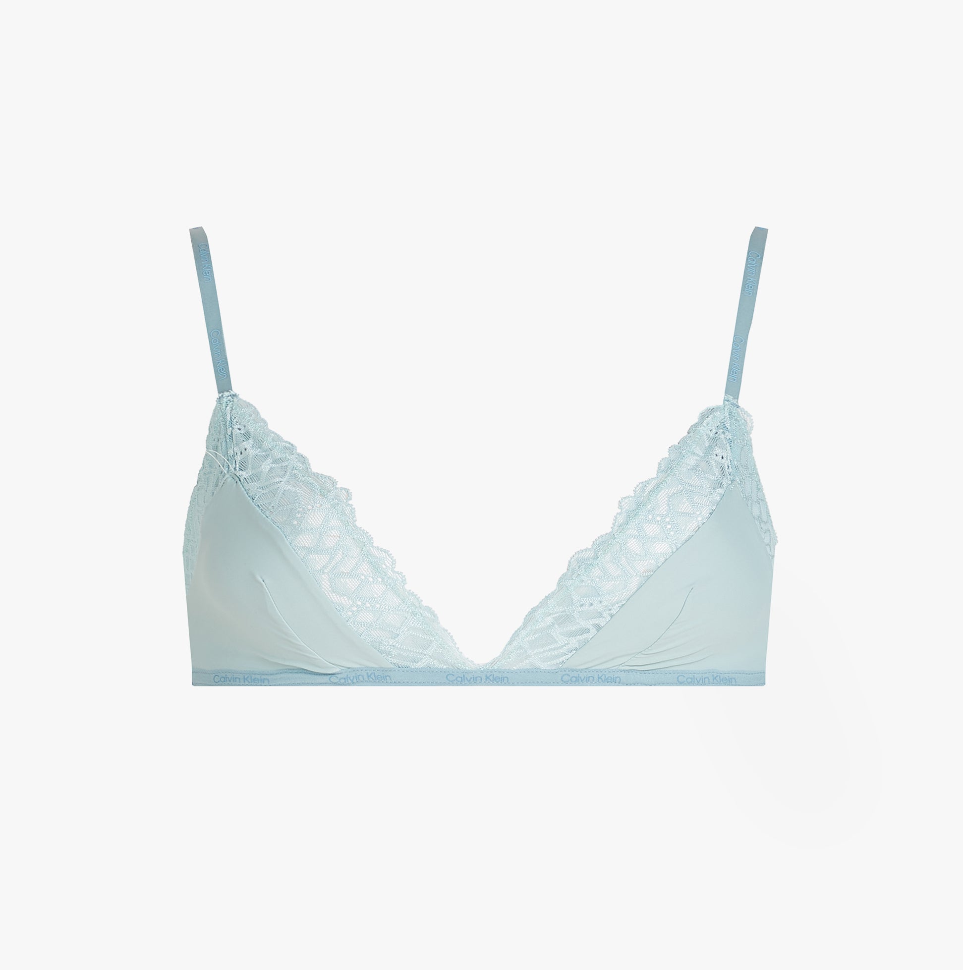 Calvin Klein SOFT STRETCH LACE Womens Triangle Bra Ether front view featuring soft triangle cups and adjustable straps.