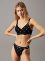 Calvin Klein MODERN COTTON Womens Lift Bralette Black Diamond Logo Print front view model wearing bralette and matching thong.