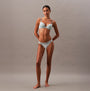 Calvin Klein SOFT STRETCH LACE Womens Bikini Briefs Ether - Front view on model showcasing dipped front panel and scalloped lace waistband.