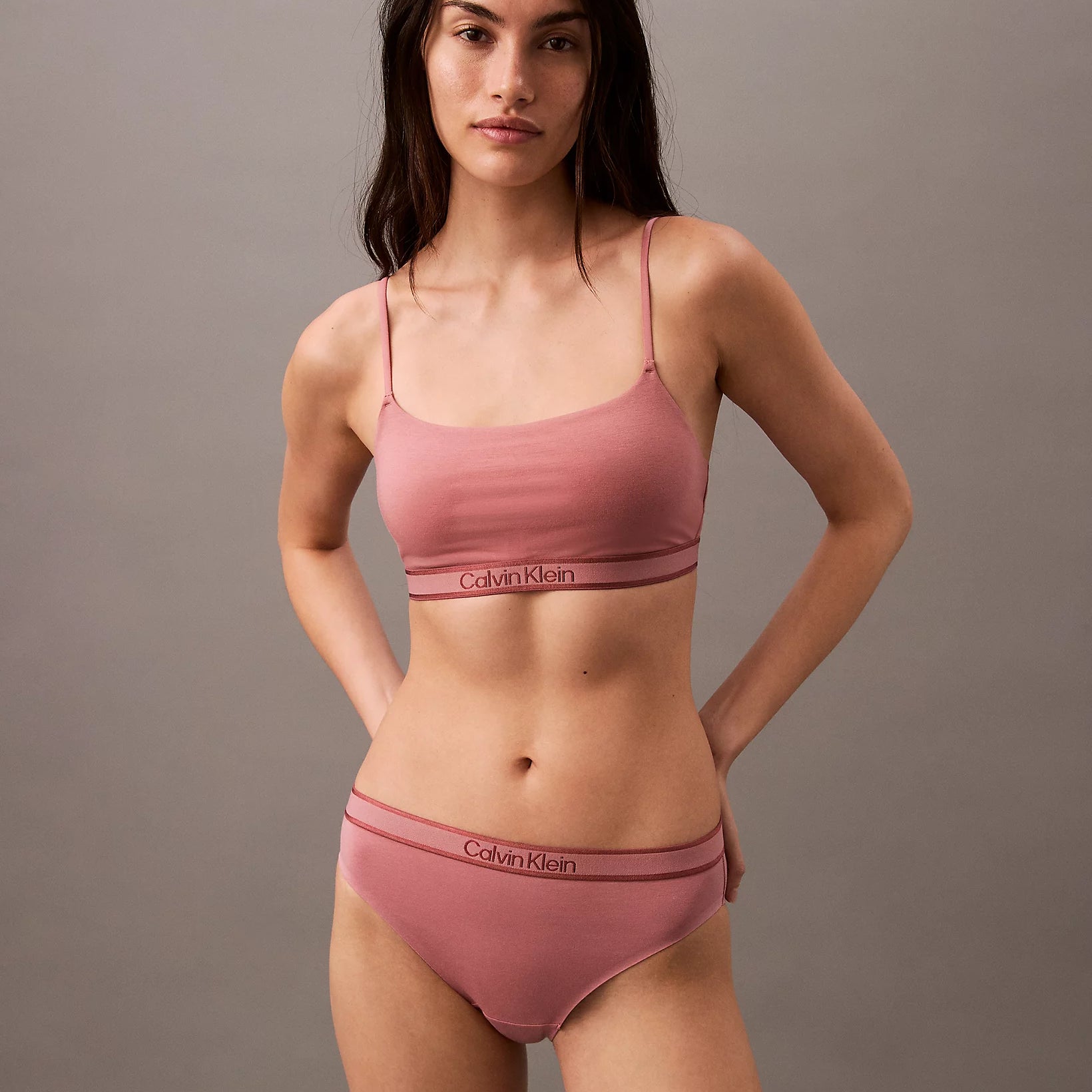 Calvin Klein TONAL LOGO COTTON Womens Bralette Red Grape W/ Apple Butter Logo, front view of model wearing bralette and matching panties.