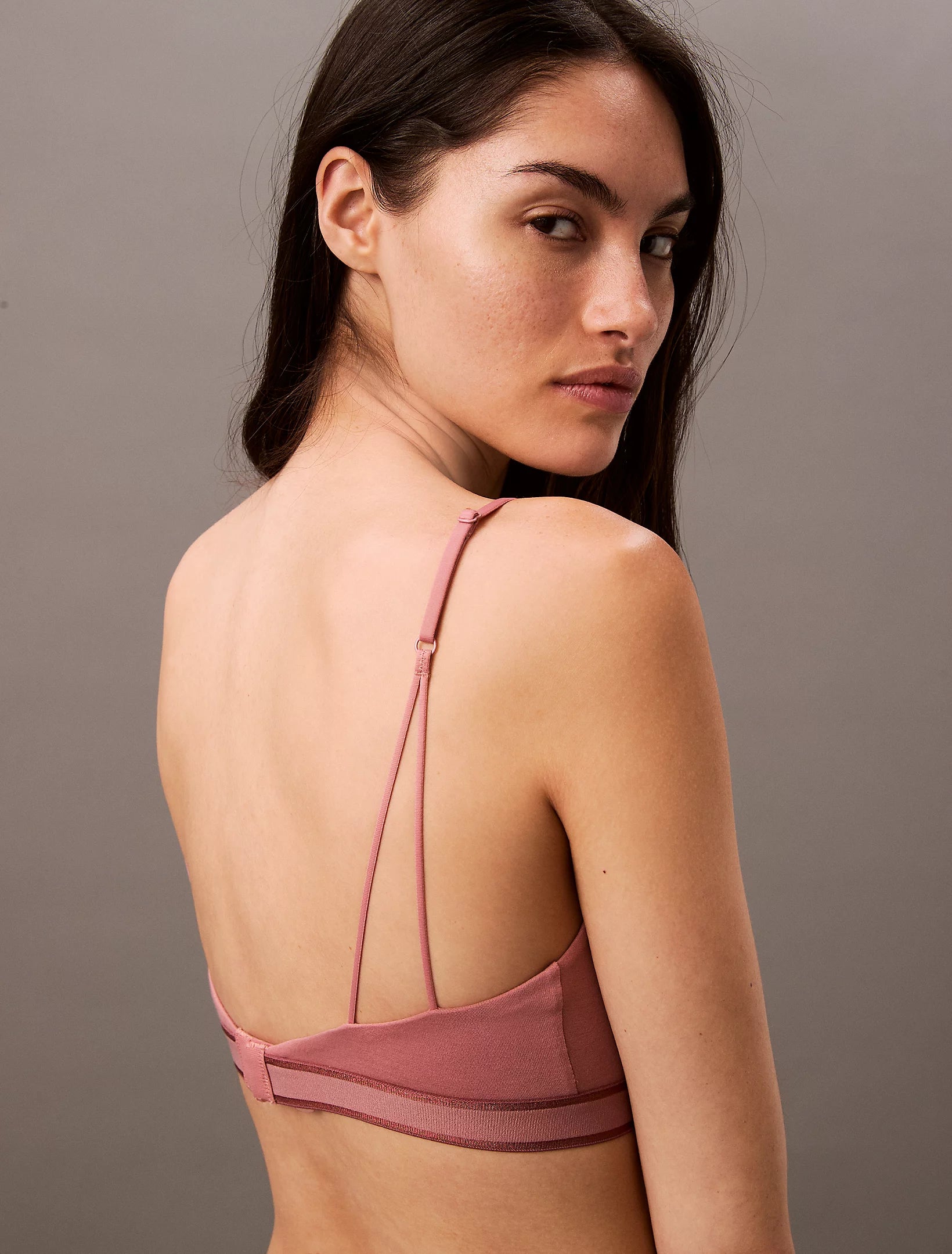 Calvin Klein TONAL LOGO COTTON Womens Bralette Red Grape W/ Apple Butter Logo back view on model