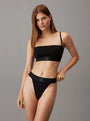 Calvin Klein CK ESTABLISHED Womens Unlined Bralette Black front view on model with matching black underwear.